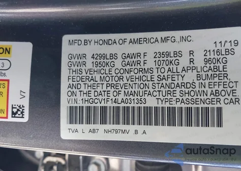 2020 Honda Accord Lx z USA, uszkodzony, nr VIN 1HGCV1F14LA031353